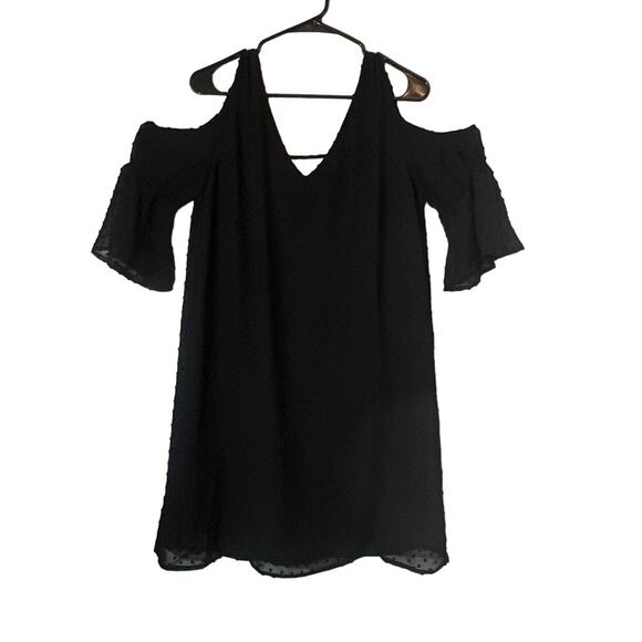 Blue Rain Womens Large Dress Black Polka Dot Texture Cold Shoulder Strappy - Picture 1 of 6